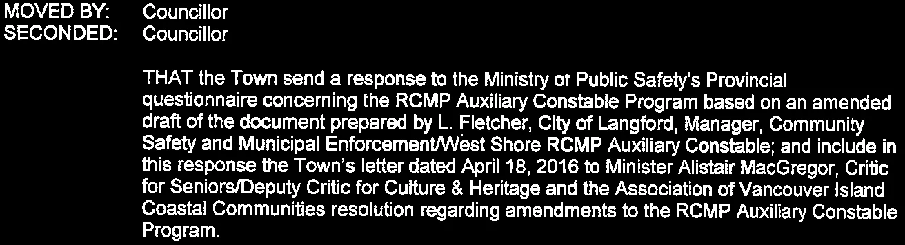 Motion concerning the response to the RCMP Auxiliary Constable Program questionnaire