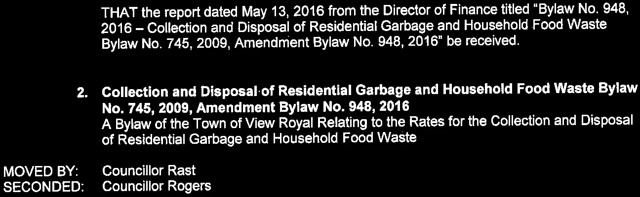 Reports and motion regarding first, second, and third reading of Bylaw No. 948, 2016