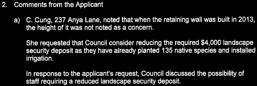 Applicant comments from C. Cung regarding the retaining wall and landscaping at 237 Anya Lane