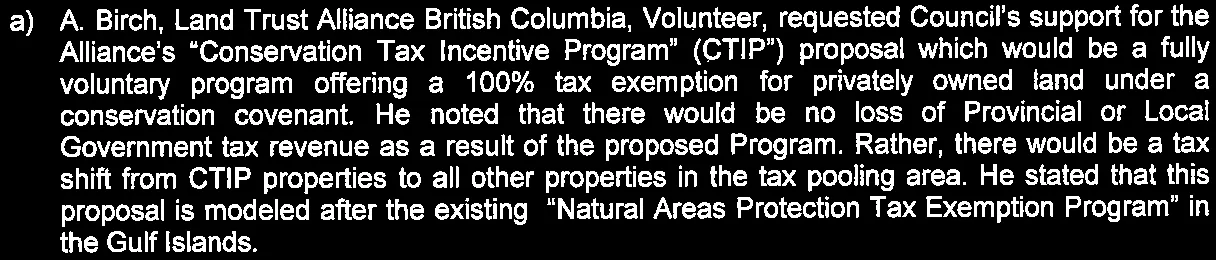Details of a delegation by A. Birch regarding the Conservation Tax Incentive Program