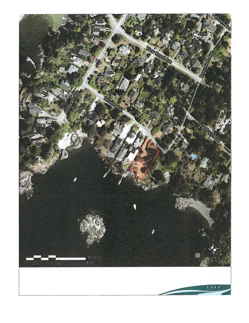 Aerial orthophoto map highlighting the subject property at 275 Kerwood Street and showing neighboring lots with street names including View Royal Ave, Stewart Ave, Kerwood St, Beaumont Ave, and Pallisier Ave.