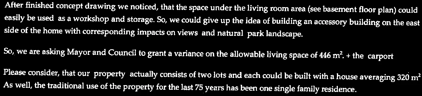 Text excerpt from page 21 detailing the variance request and workshop use