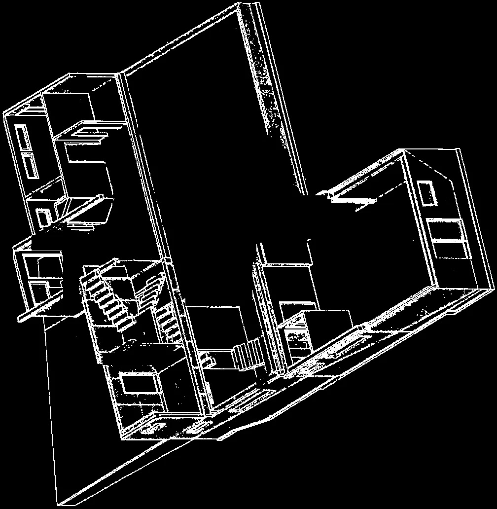 Isometric wireframe detail of the basement layout