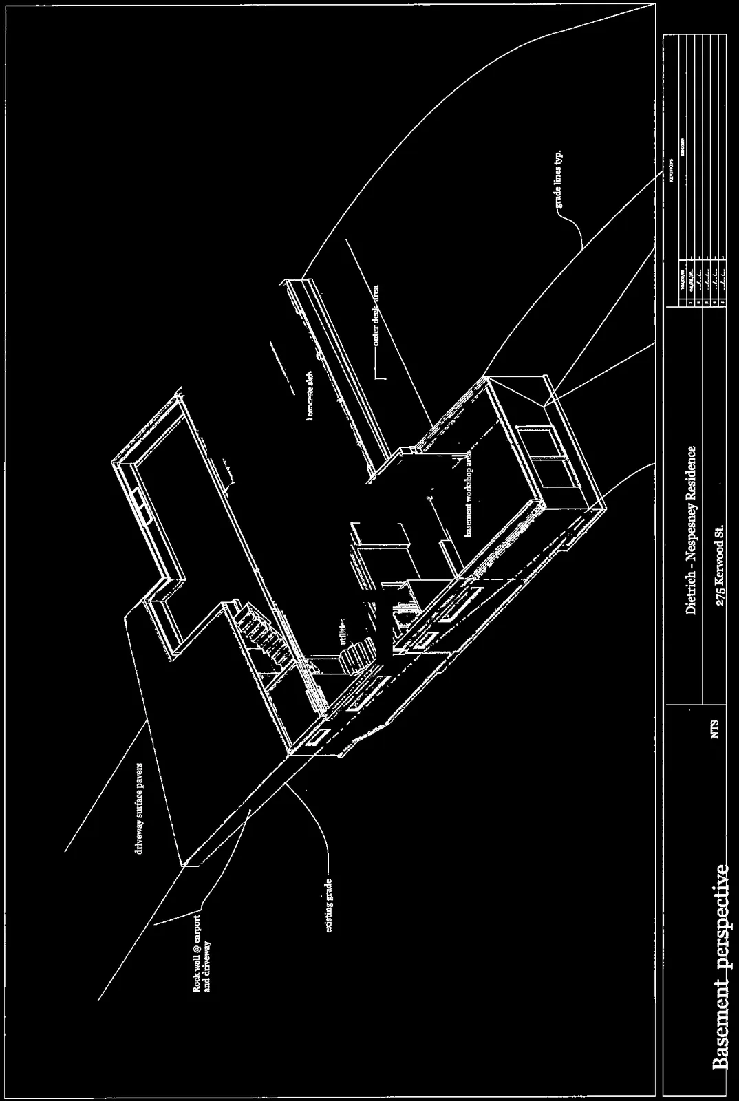 Wireframe perspective detail highlighting the basement workshop and deck areas