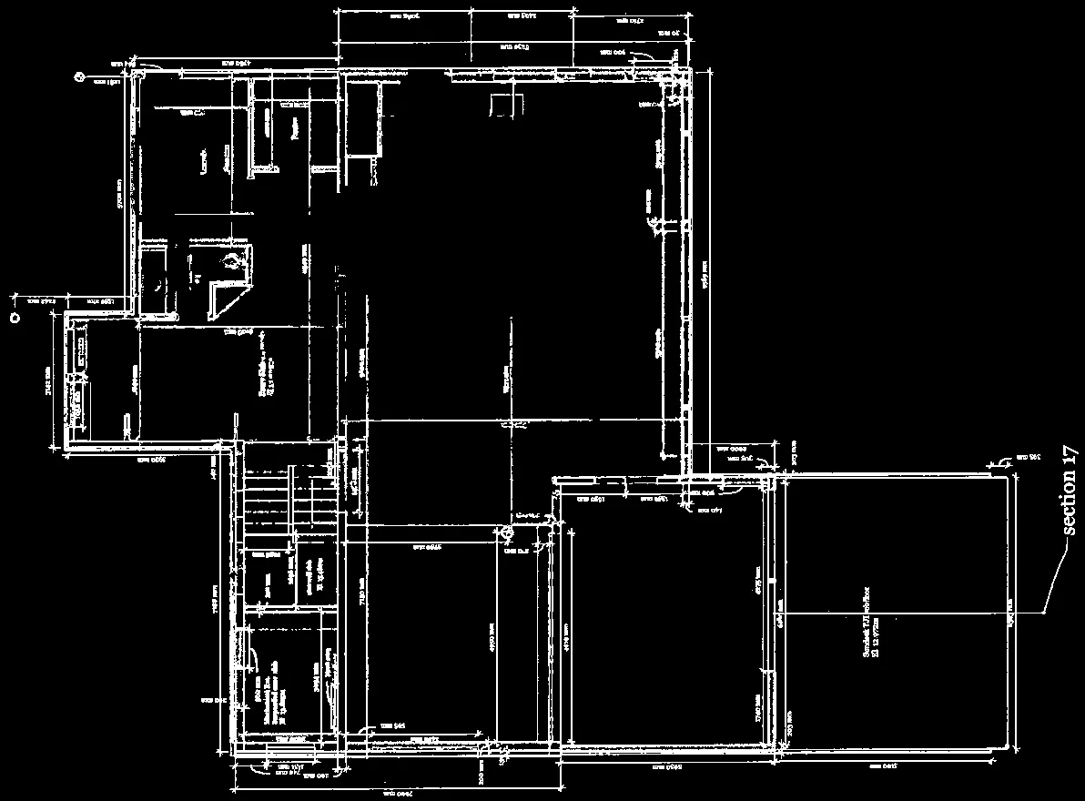 Technical layout of the main floor area including living spaces and kitchen