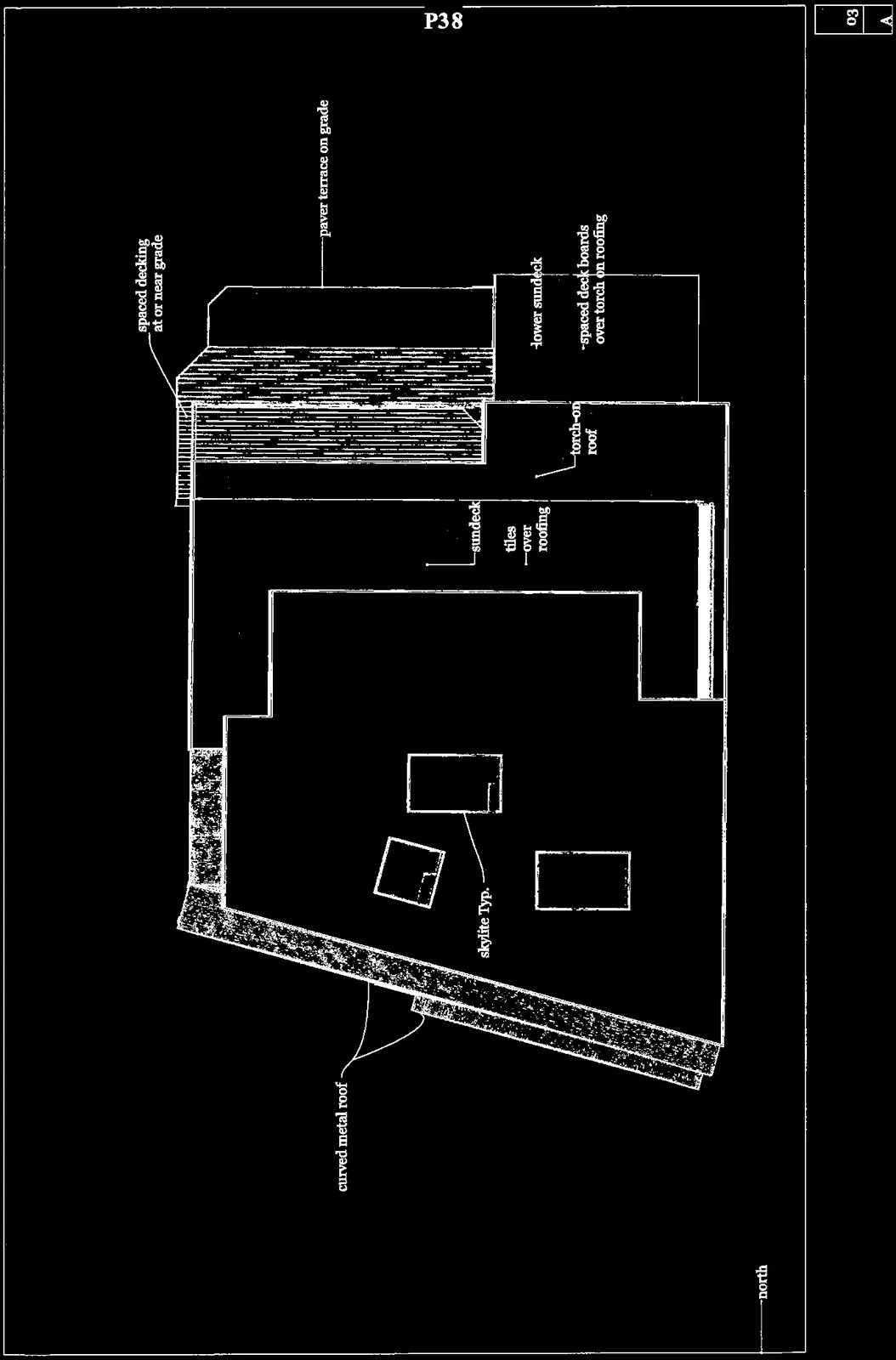Plan view detail showing deck materials, skylights, and roofing types