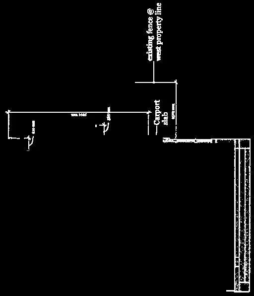 Site detail from north elevation showing carport slab and property line