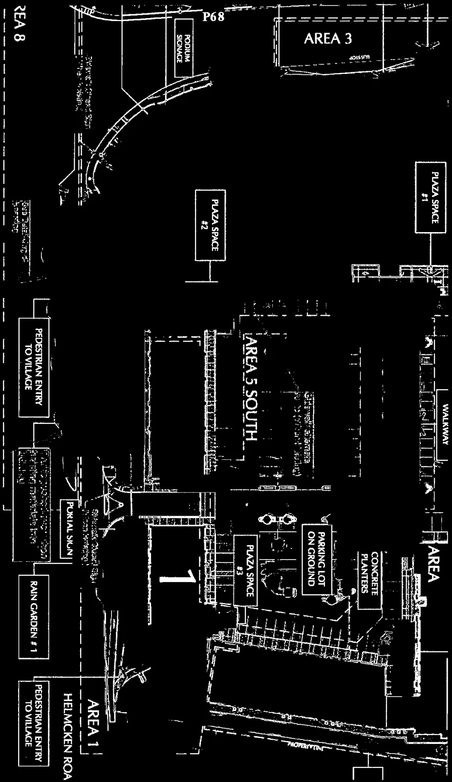 Black and white architectural site plan of Eagle Creek Village showing various development areas