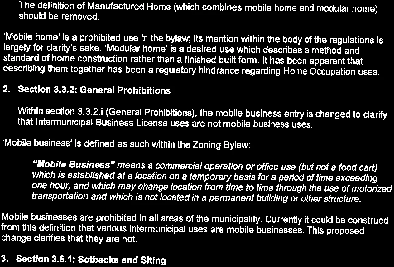 Text explaining that 'Mobile home' is a prohibited use kept for clarity, while 'Modular home' is a desired constructed form. Combining them has been a regulatory hindrance for Home Occupation uses.