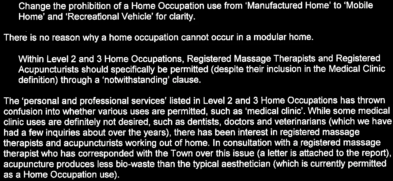 Text regarding staff questions about goose fencing—low fencing to prevent Canada Geese from moving onto land—along the shores of Portage Inlet, noting it can cause user conflict and barrier to native species. It also states 'Recreational vehicle' should be added to prohibited structures/vehicles in special setback areas.