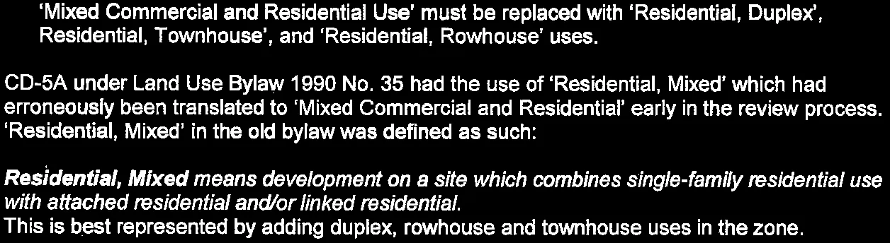 Text explaining that CD-5A erroneously used 'Mixed Commercial and Residential' instead of 'Residential, Mixed'. The old definition is best represented by adding duplex, rowhouse, and townhouse uses.