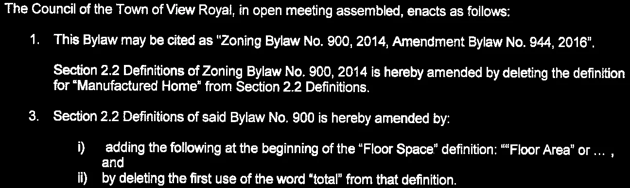 Excerpt of Bylaw No. 944 clauses 1-3