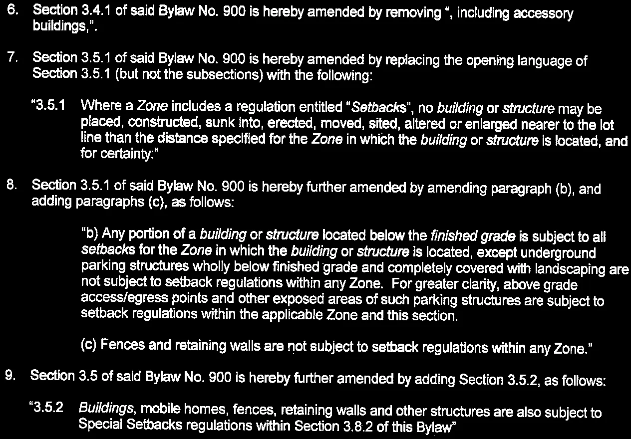 Excerpt of Bylaw No. 944 clauses 6-9